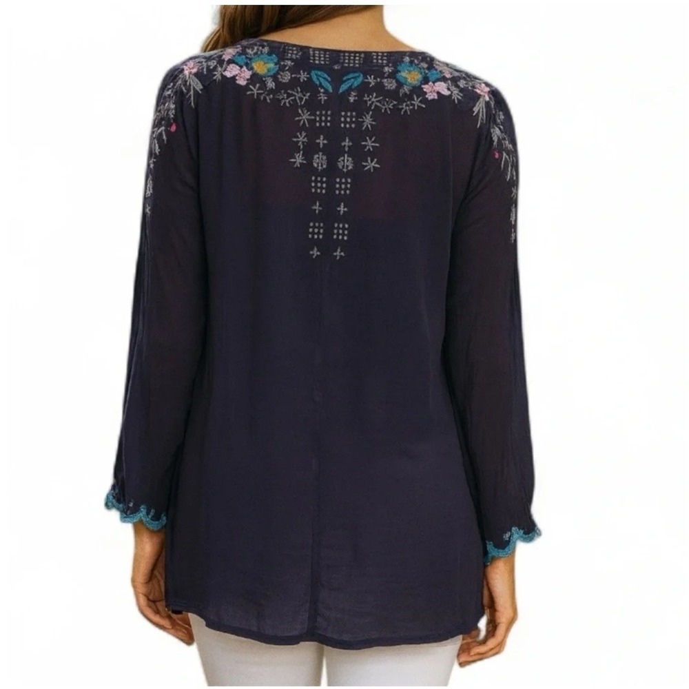 Johnny Was Butterfly Winter Blouse Women Large Embroidered Floral Gravel Blue - Picture 2 of 9